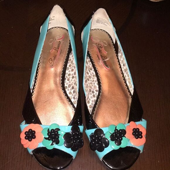 POETIC LICENCE Beaded Flower Green Black Flats - Picture 1 of 4
